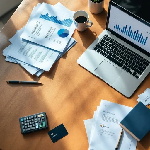Modern financial planning workspace with charts and natural light